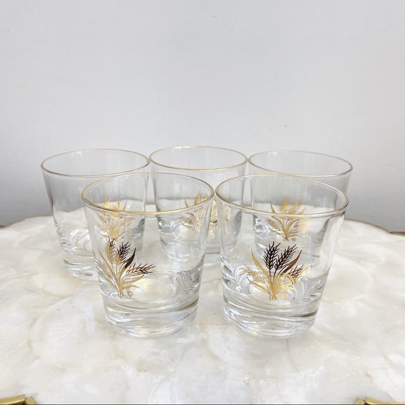 MCM Gilt Gold Trim Wheat Glass Tumblers Bar Cart Bar Drinking Glasses 3 1/4” - Picture 1 of 16